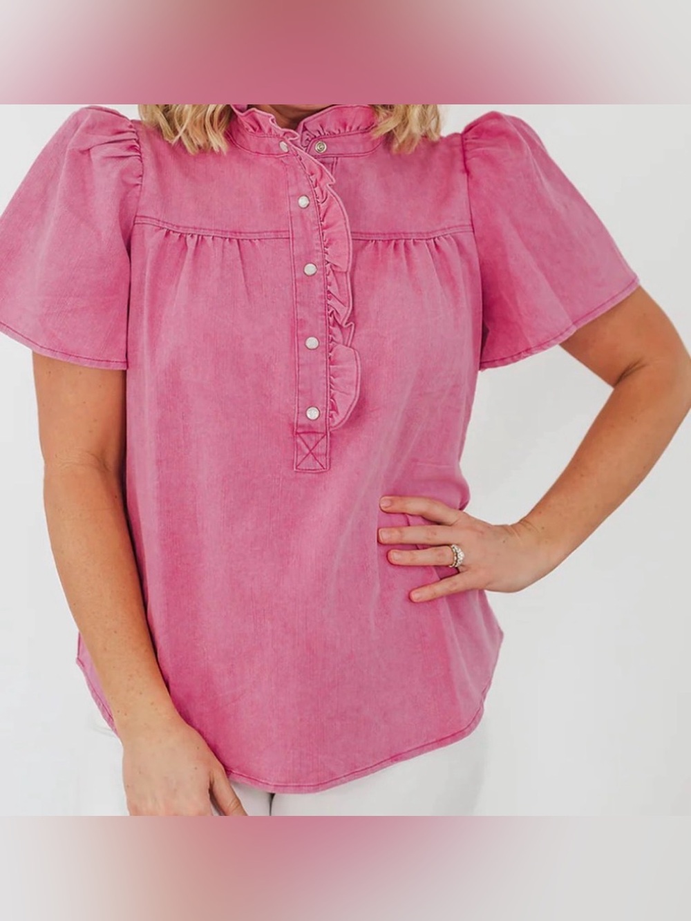 NWT Raspberry Pink Denim Ruffle Button-Front Top - Picture 1 of 2